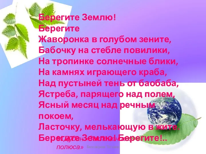 Белозёрова Татьяна Берегите Землю! Берегите Жаворонка в голубом зените, Бабочку на