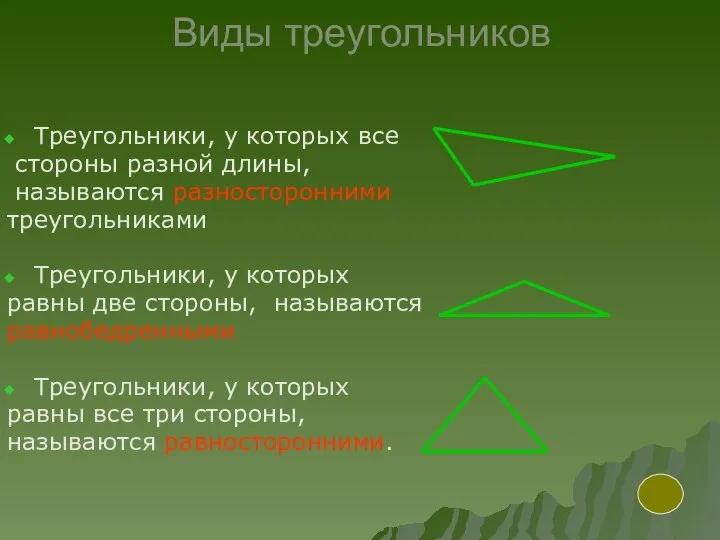 Виды треугольников Треугольники, у которых все стороны разной длины, называются разносторонними