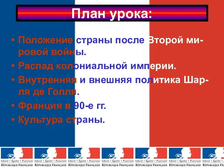 План урока: Положение страны после Второй ми-ровой войны. Распад колониальной империи.