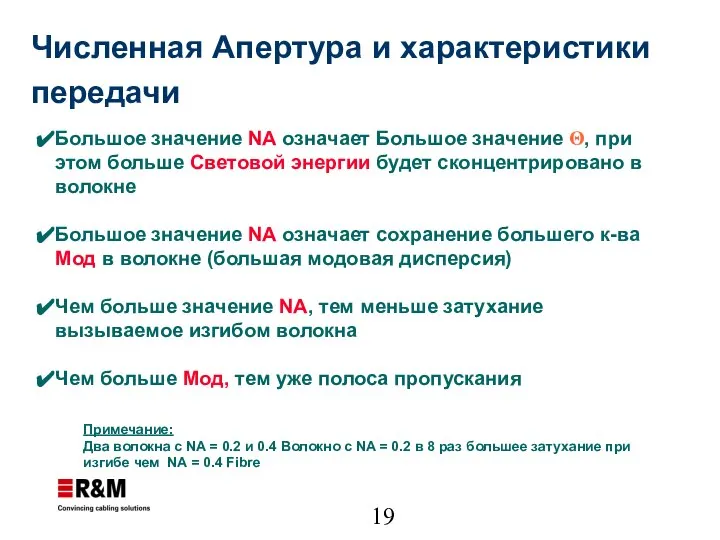 Большое значение NA означает Большое значение Θ, при этом больше Световой