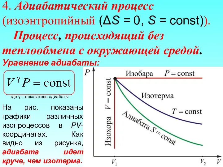 4. Адиабатический процесс (изоэнтропийный (ΔS = 0, S = const)). Процесс,
