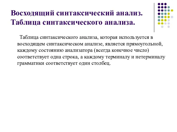 Восходящий синтаксический анализ. Таблица синтаксического анализа. Таблица синтаксического анализа, которая используется