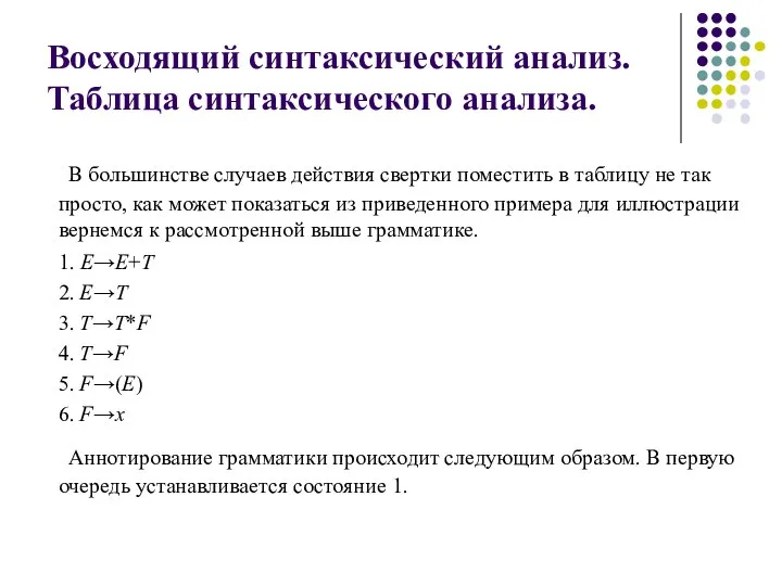 Восходящий синтаксический анализ. Таблица синтаксического анализа. В большинстве случаев действия свертки