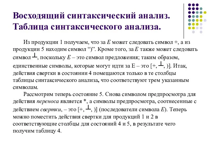 Восходящий синтаксический анализ. Таблица синтаксического анализа. Из продукции 1 получаем, что