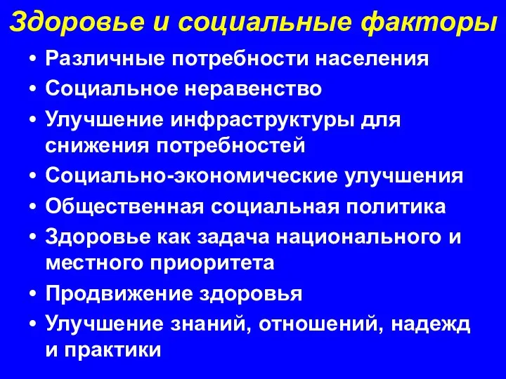 Здоровье и социальные факторы Различные потребности населения Социальное неравенство Улучшение инфраструктуры