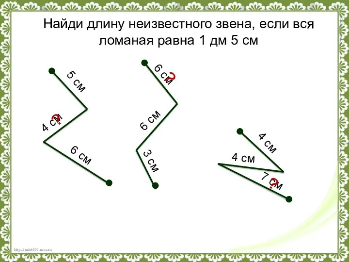 Найди длину неизвестного звена, если вся ломаная равна 1 дм 5