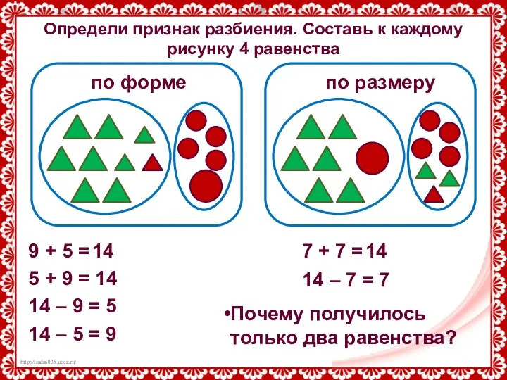 Определи признак разбиения. Составь к каждому рисунку 4 равенства по форме