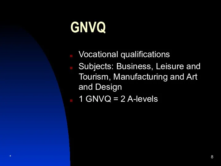 * GNVQ Vocational qualifications Subjects: Business, Leisure and Tourism, Manufacturing and