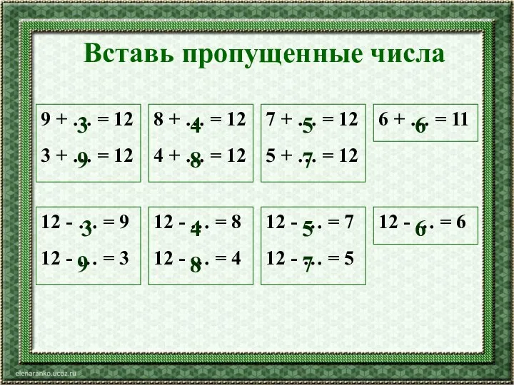 Вставь пропущенные числа 9 + … = 12 3 + …