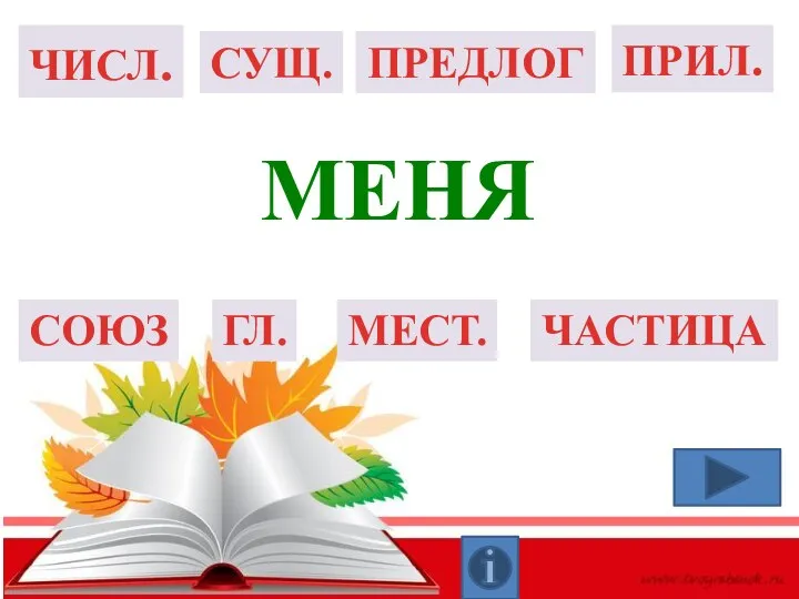 ГЛ. СУЩ. ПРИЛ. ЧИСЛ. СОЮЗ ПРЕДЛОГ ЧАСТИЦА МЕСТ. меня