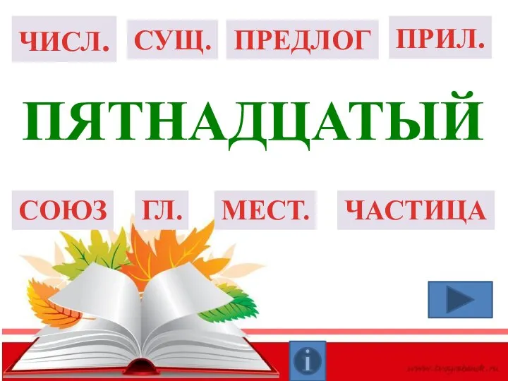 ГЛ. СУЩ. ПРИЛ. ЧИСЛ. СОЮЗ ПРЕДЛОГ ЧАСТИЦА МЕСТ. пятнадцатый