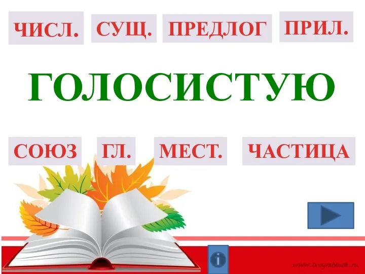 ГЛ. СУЩ. ПРИЛ. ЧИСЛ. СОЮЗ ПРЕДЛОГ ЧАСТИЦА МЕСТ. голосистую