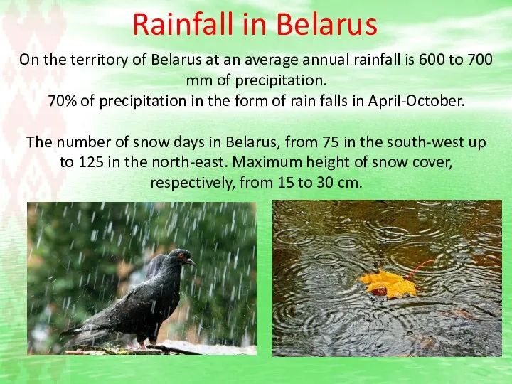 Rainfall in Belarus On the territory of Belarus at an average