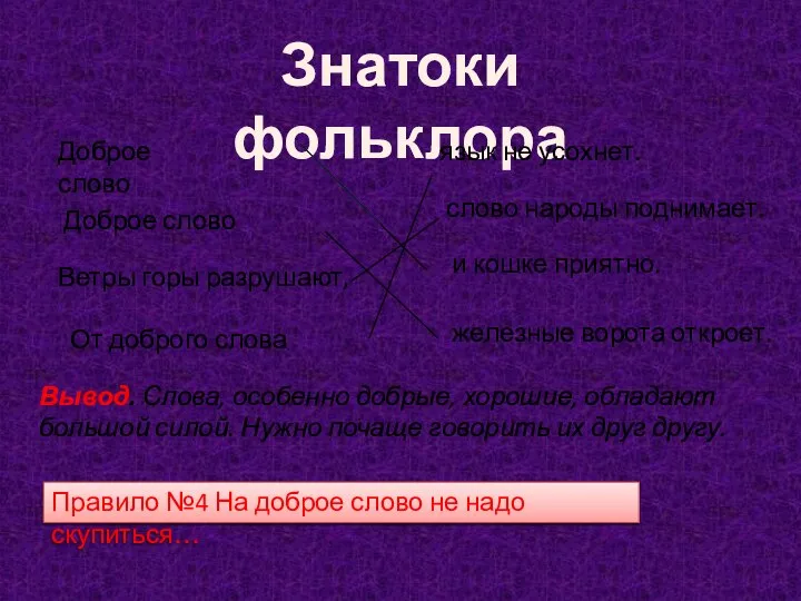 Знатоки фольклора Доброе слово Доброе слово Ветры горы разрушают, От доброго