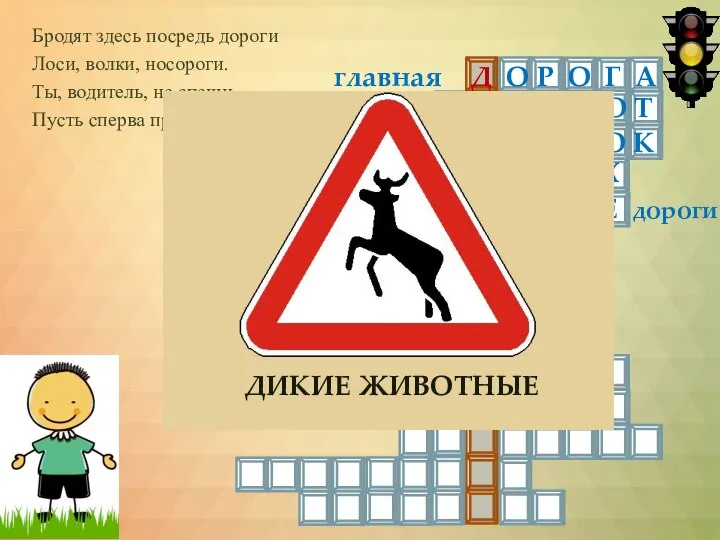 Бродят здесь посредь дороги Лоси, волки, носороги. Ты, водитель, не спеши,