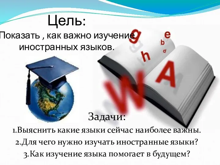 Цель: Показать , как важно изучение иностранных языков. Задачи: 1.Выяснить какие