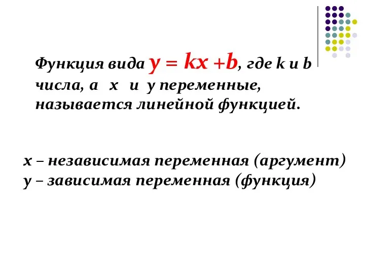 Функция вида y = kx +b, где k и b числа,