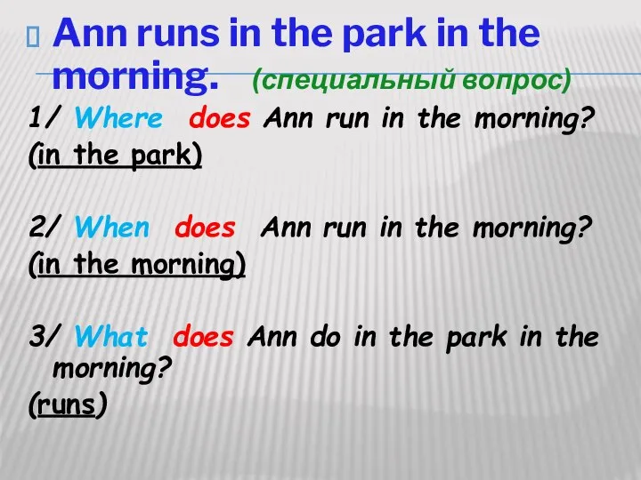 Ann runs in the park in the morning. (специальный вопрос) 1/