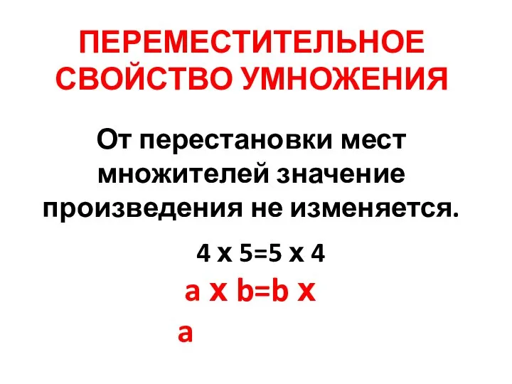 ПЕРЕМЕСТИТЕЛЬНОЕ СВОЙСТВО УМНОЖЕНИЯ От перестановки мест множителей значение произведения не изменяется.