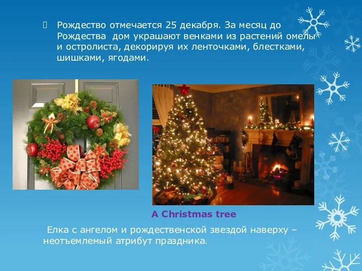 Рождество отмечается 25 декабря. За месяц до Рождества дом украшают венками