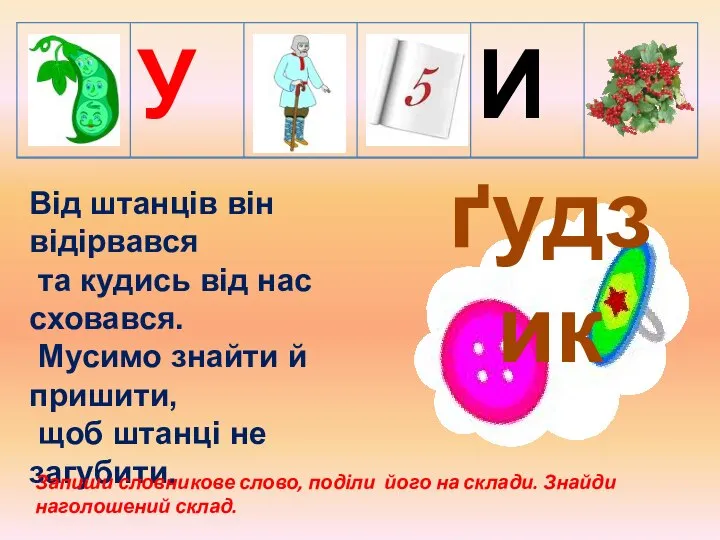 ґудзик Від штанців він відірвався та кудись від нас сховався. Мусимо