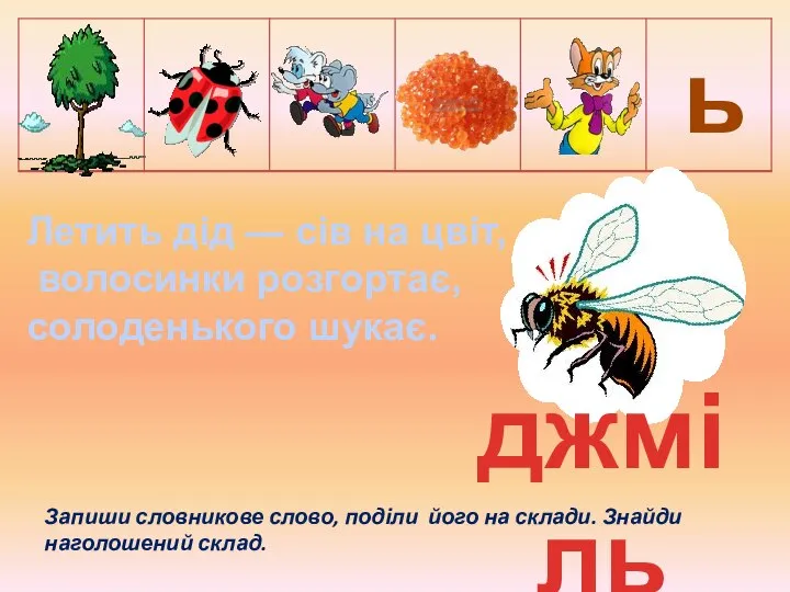 Летить дід — сів на цвіт, волосинки розгортає, солоденького шукає. джміль