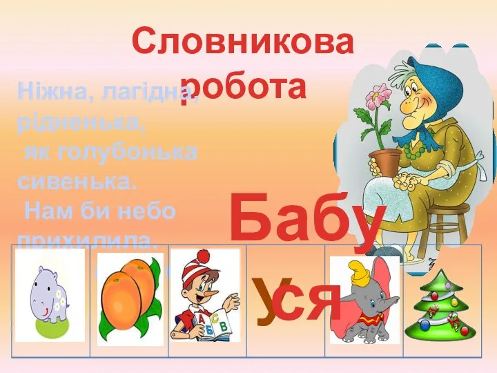 Словникова робота Ніжна, лагідна, рідненька, як голубонька сивенька. Нам би небо