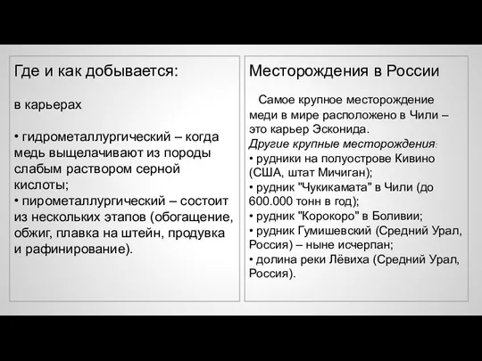 Где и как добывается: в карьерах • гидрометаллургический – когда медь