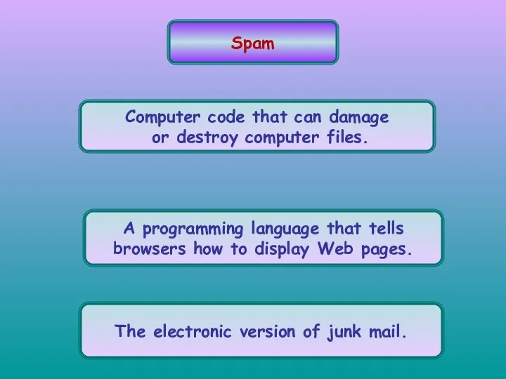 Spam Computer code that can damage or destroy computer files. A