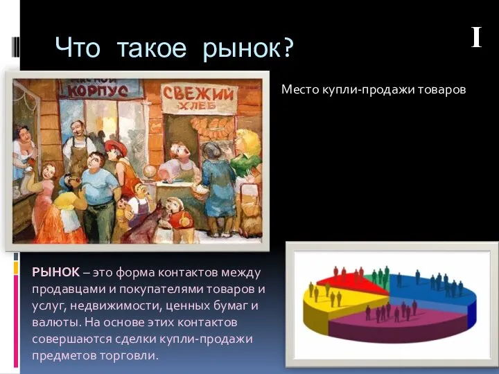 Что такое рынок? Место купли-продажи товаров РЫНОК – это форма контактов