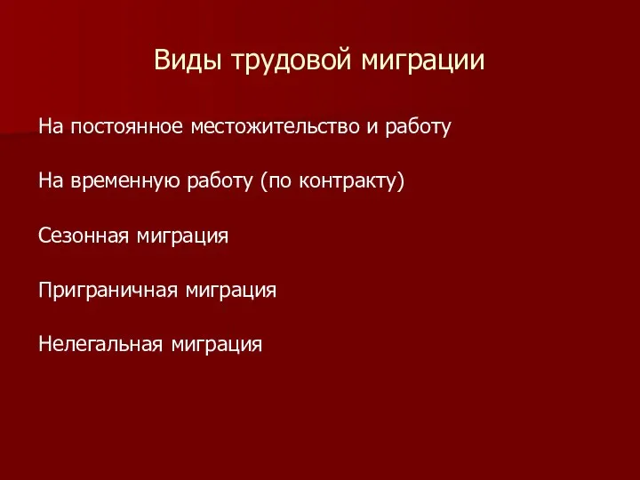 Виды трудовой миграции На постоянное местожительство и работу На временную работу