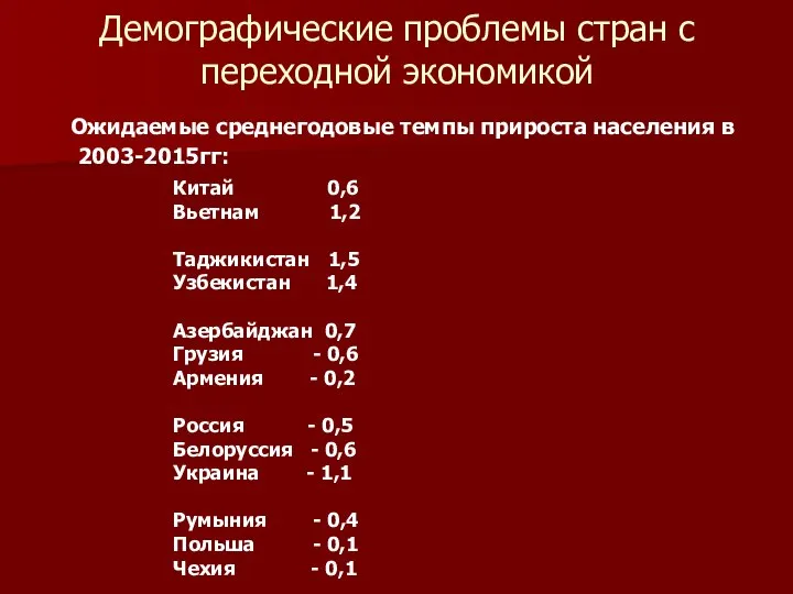 Демографические проблемы стран с переходной экономикой Ожидаемые среднегодовые темпы прироста населения