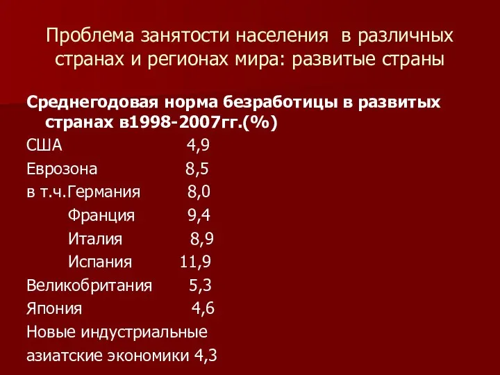 Проблема занятости населения в различных странах и регионах мира: развитые страны