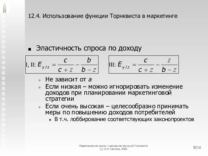 12.4. Использование функции Торнквиста в маркетинге Эластичность спроса по доходу Не