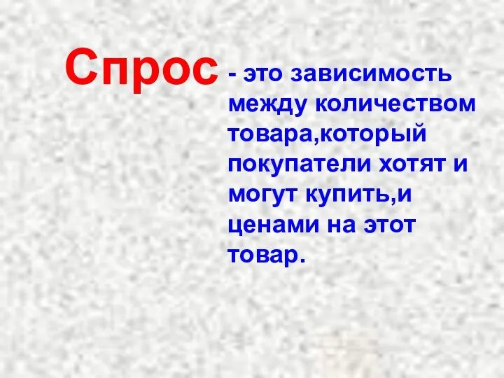 Спрос - это зависимость между количеством товара,который покупатели хотят и могут купить,и ценами на этот товар.