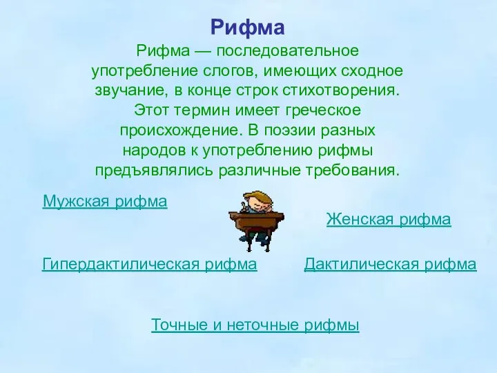 Рифма Рифма — последовательное употребление слогов, имеющих сходное звучание, в конце