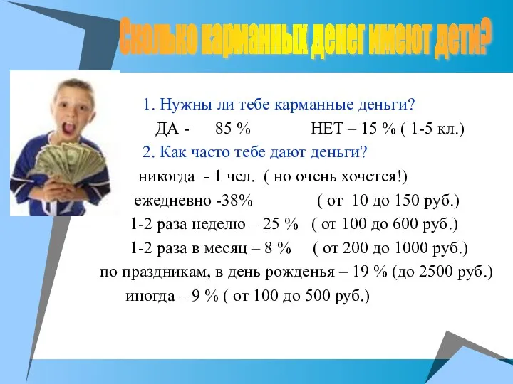 Сколько карманных денег имеют дети? 1. Нужны ли тебе карманные деньги?