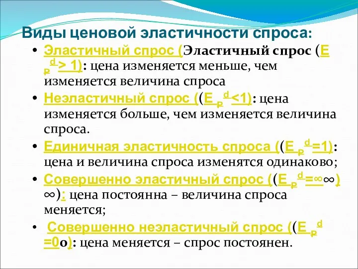 Виды ценовой эластичности спроса: Эластичный спрос (Эластичный спрос (E Pd >