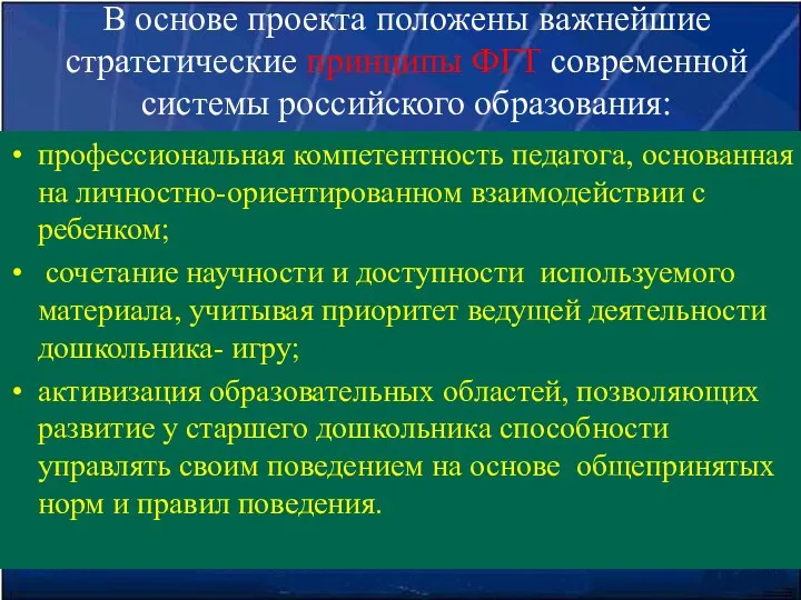 В основе проекта положены важнейшие стратегические принципы ФГТ современной системы российского