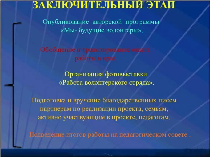 ЗАКЛЮЧИТЕЛЬНЫЙ ЭТАП Опубликование авторской программы «Мы- будущие волонтеры». Обобщение и транслирование