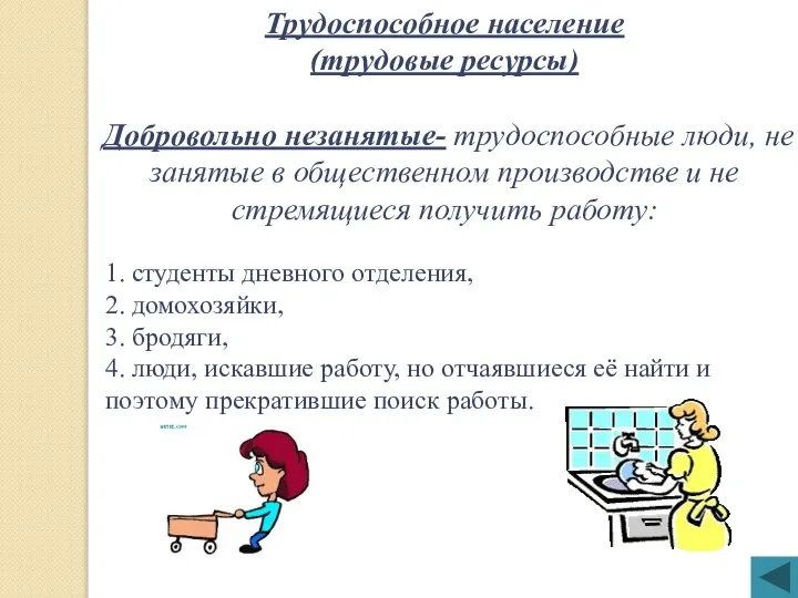 Трудоспособное население (трудовые ресурсы) Добровольно незанятые- трудоспособные люди, не занятые в