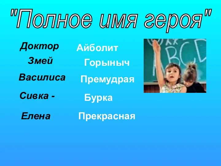 Доктор Айболит Змей Горыныч Василиса Премудрая Сивка - Бурка Елена Прекрасная "Полное имя героя"