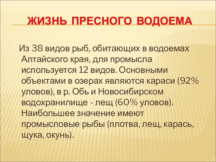 ЖИЗНЬ ПРЕСНОГО ВОДОЕМА Из 38 видов рыб, обитающих в водоемах Алтайского