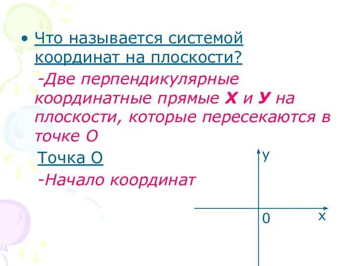 Что называется системой координат на плоскости? -Две перпендикулярные координатные прямые Х