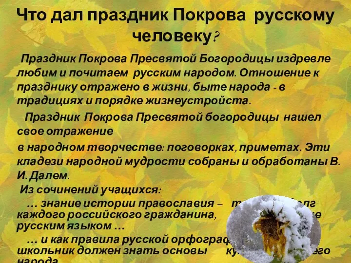 Что дал праздник Покрова русскому человеку? Праздник Покрова Пресвятой Богородицы издревле