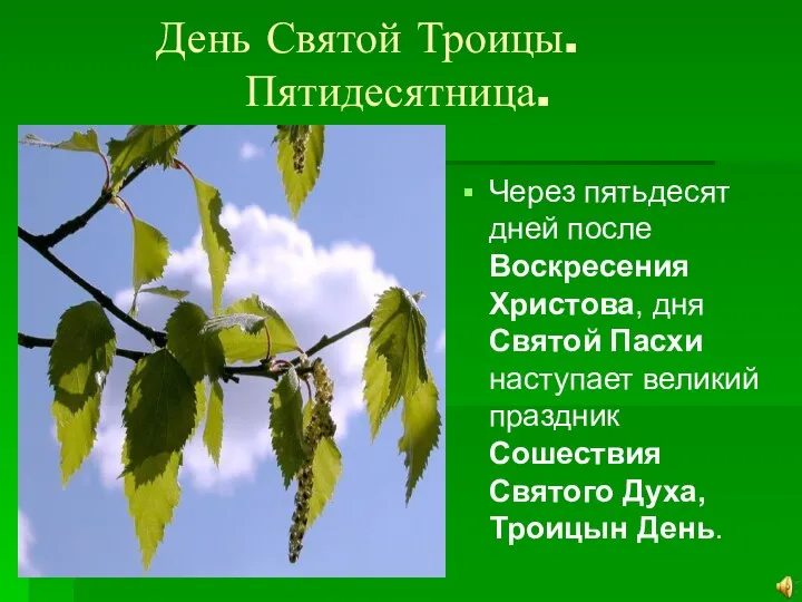 День Святой Троицы. Пятидесятница. Через пятьдесят дней после Воскресения Христова, дня