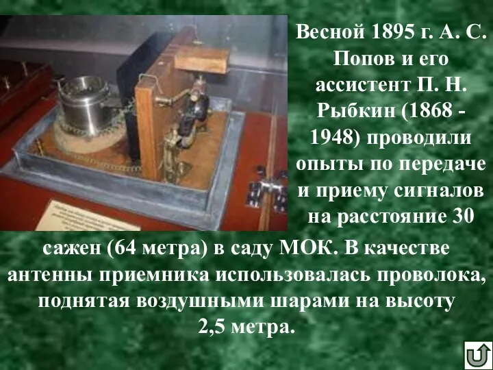 сажен (64 метра) в саду МОК. В качестве антенны приемника использовалась