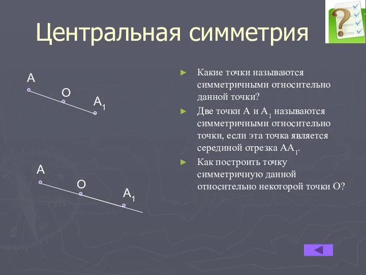 Центральная симметрия Какие точки называются симметричными относительно данной точки? Две точки