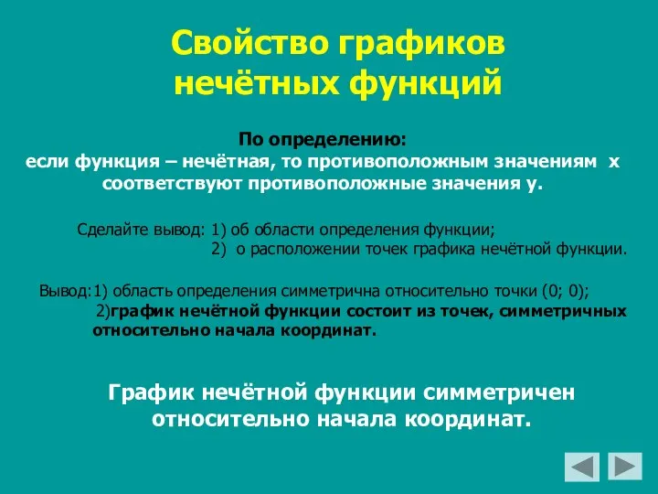 Свойство графиков нечётных функций По определению: если функция – нечётная, то