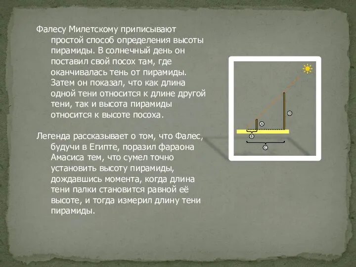 Фалесу Милетскому приписывают простой способ определения высоты пирамиды. В солнечный день